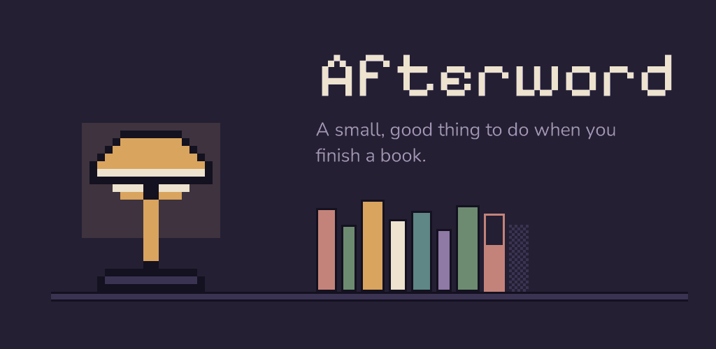 Afterword feature graphic: a pixel lamp lighting a shelf of book spines